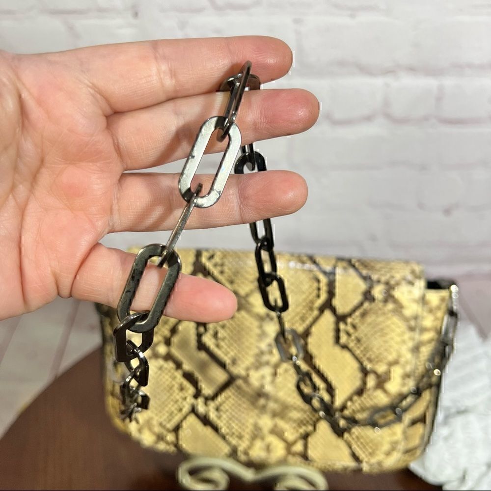 STUART WEITZMAN PYTHON SNAKESKIN & linen shoulder bag gunmetal chain strap - Picture 7 of 12